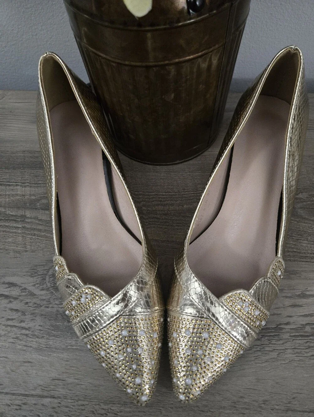 Gold Pointed Toe Women's Flats with Rhinestone Detail
